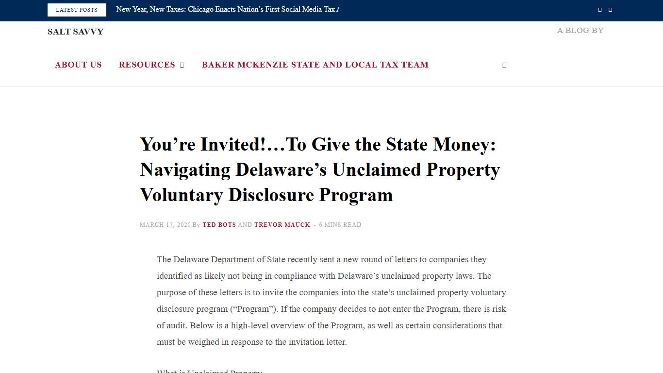 You’re Invited!…To Give the State Money: Navigating Delaware’s Unclaimed Property Voluntary Disclosure Program - SALT Savvy